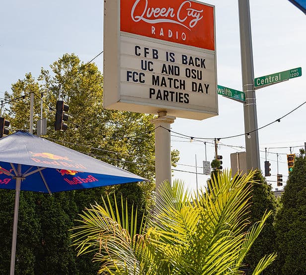 Queen City Radio patio and sign